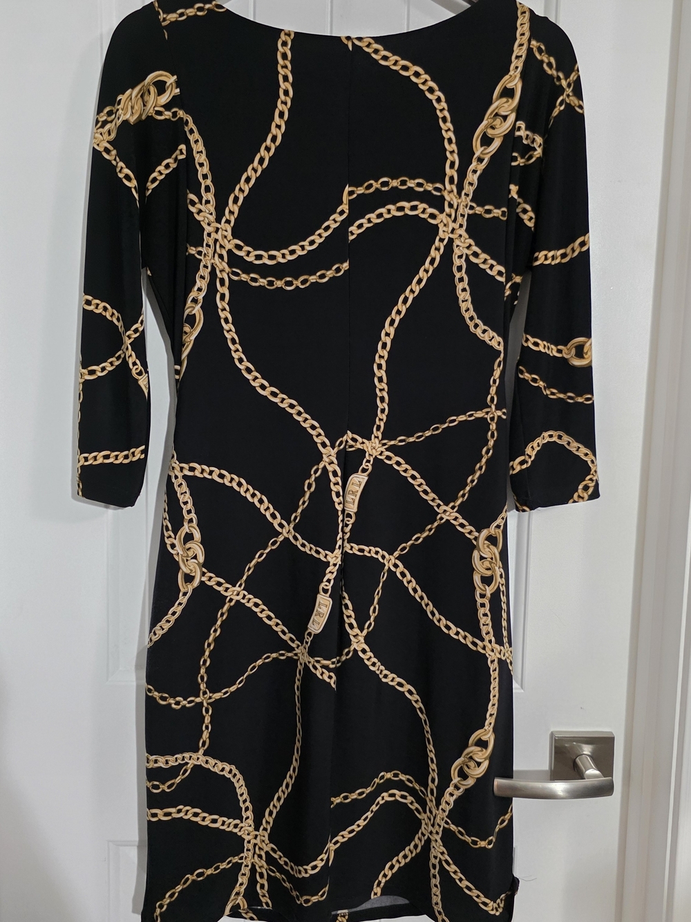 Lauren Ralph Lauren Chain Print Ruched Dress Black Gold 12P Equestrian Stretch - Picture 12 of 14